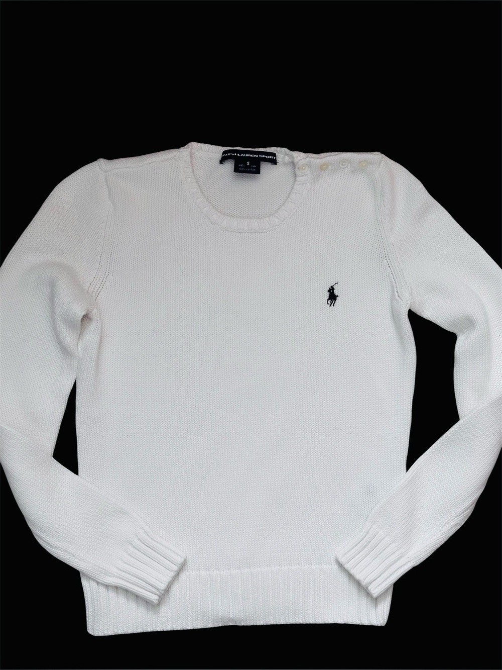 Ralph Lauren Sport White Cotton Button Shoulder Crew Neck Sweater Small